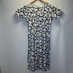 Erika Dress Womens Medium Blue White Daisy Floral Midi Short Sleeve 90s Style